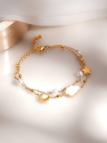 Demifine 18K Gold Plated Stainless Steel Moon Star Celestial Charm Bracelet