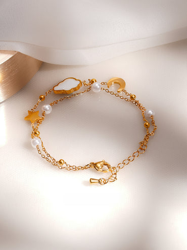 Demifine 18K Gold Plated Stainless Steel Moon Star Celestial Charm Bracelet