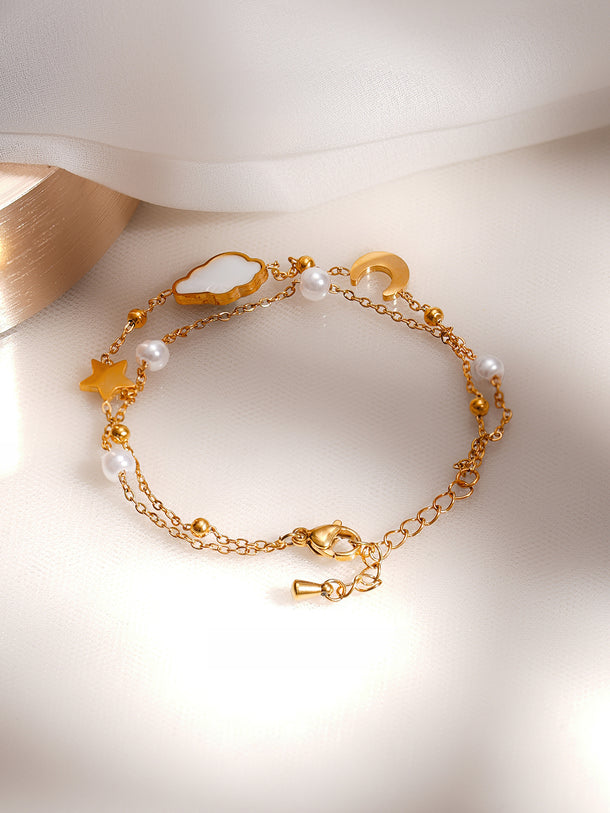 Demifine 18K Gold Plated Stainless Steel Moon Star Celestial Charm Bracelet