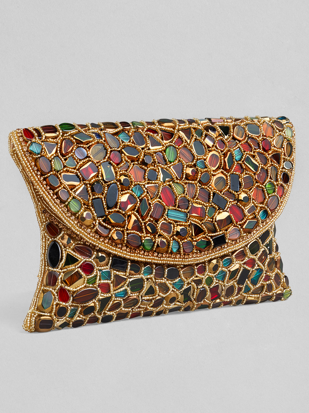 Rubans Multicolour Stone Studded Clutch Bag With Golden Embroided Design