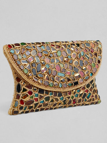 Rubans Multicolour Stone Studded Clutch Bag With Golden Embroided Design