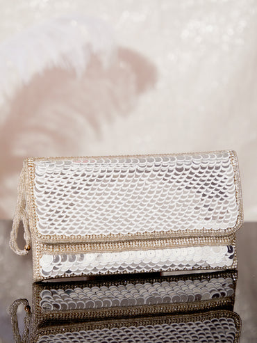 Rubans Silver Colour Clutch With Embroided Silver Design.