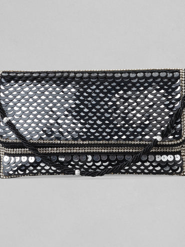 Rubans Silver Colour Clutch With Black Embroided Design.