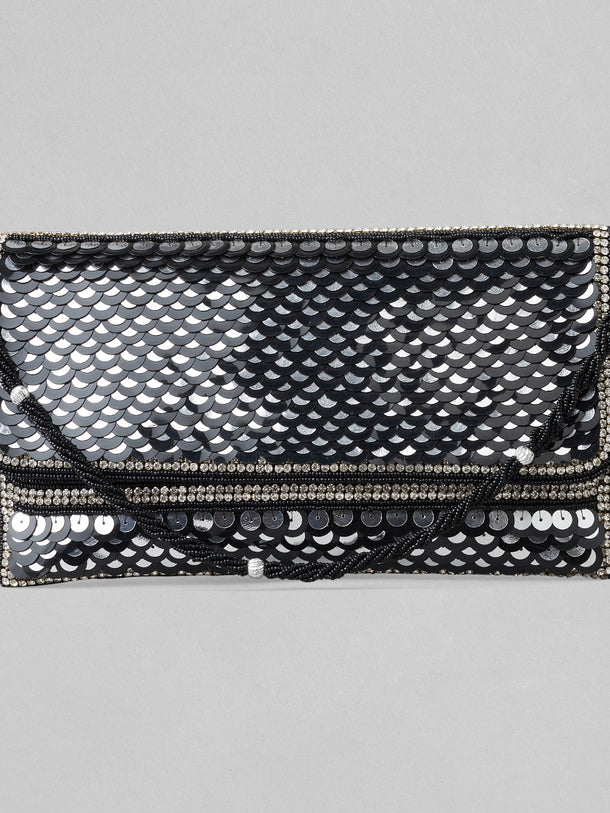 Rubans Silver Colour Clutch With Black Embroided Design.