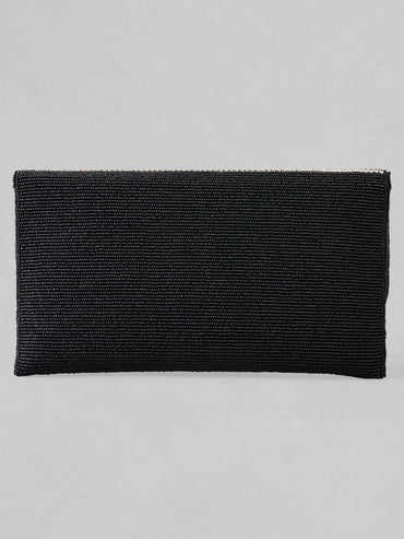 Rubans Silver Colour Clutch With Black Embroided Design.