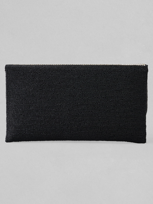 Rubans Silver Colour Clutch With Black Embroided Design.