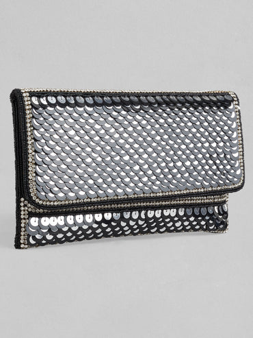 Rubans Silver Colour Clutch With Black Embroided Design.