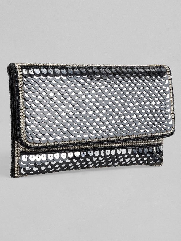 Rubans Silver Colour Clutch With Black Embroided Design.