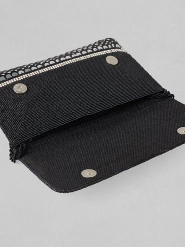 Rubans Silver Colour Clutch With Black Embroided Design.