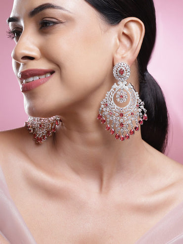 Sculpted Glam Red American Diamond Zirconia Chandbali Earrings
