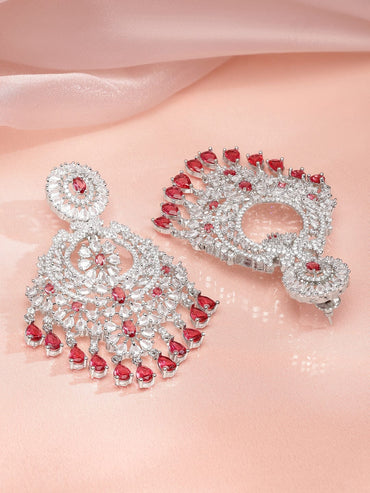 Sculpted Glam Red American Diamond Zirconia Chandbali Earrings
