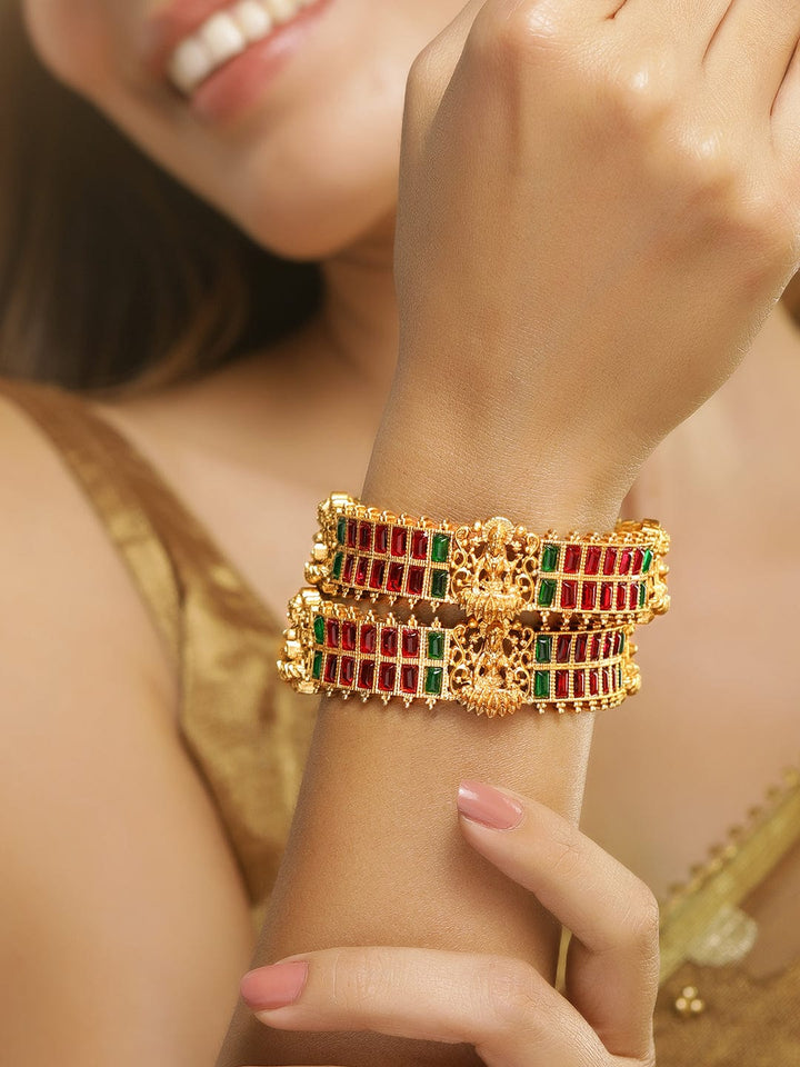 Set of 2, 22K Gold plated Kemp Stone studded Temple statement bangle Bangles & Bracelets