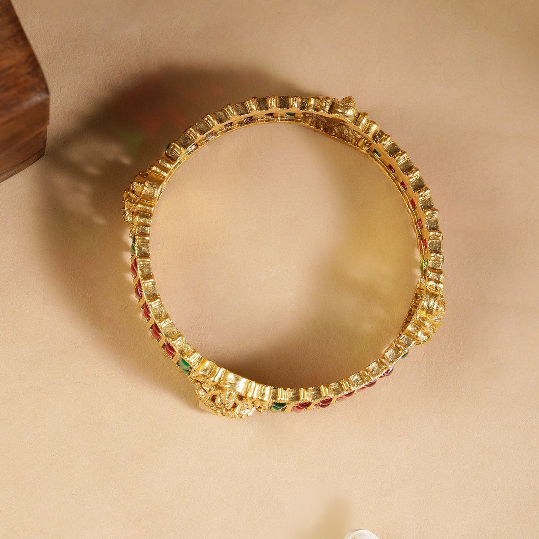 Set of 2, 22K Gold plated Kemp Stone studded Temple statement bangle Bangles & Bracelets