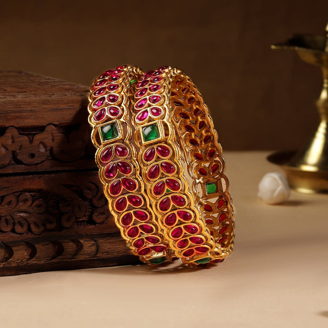 Set of 2, 22K Gold plated Kemp Stone studded Temple statement bangle Bangles & Bracelets