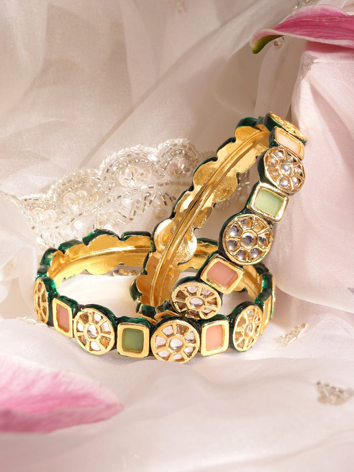 Set of 2, 22K Gold plated Kundan crystal with pastel beaded handcrafted regal statement bangle Bangles & Bracelets