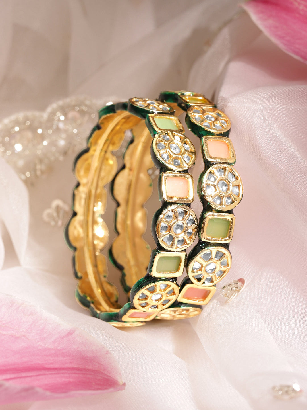 Set of 2, 22K Gold plated Kundan crystal with pastel beaded handcrafted regal statement bangle Bangles & Bracelets