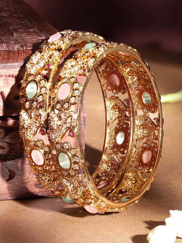 Set Of 2, 22K Gold Plated Pastel Beaded Zirconia Handcrafted Statement Bangles Bangles & Bracelets