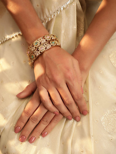 Set Of 2, 22K Gold Plated Pastel Beaded Zirconia Handcrafted Statement Bangles Bangles & Bracelets