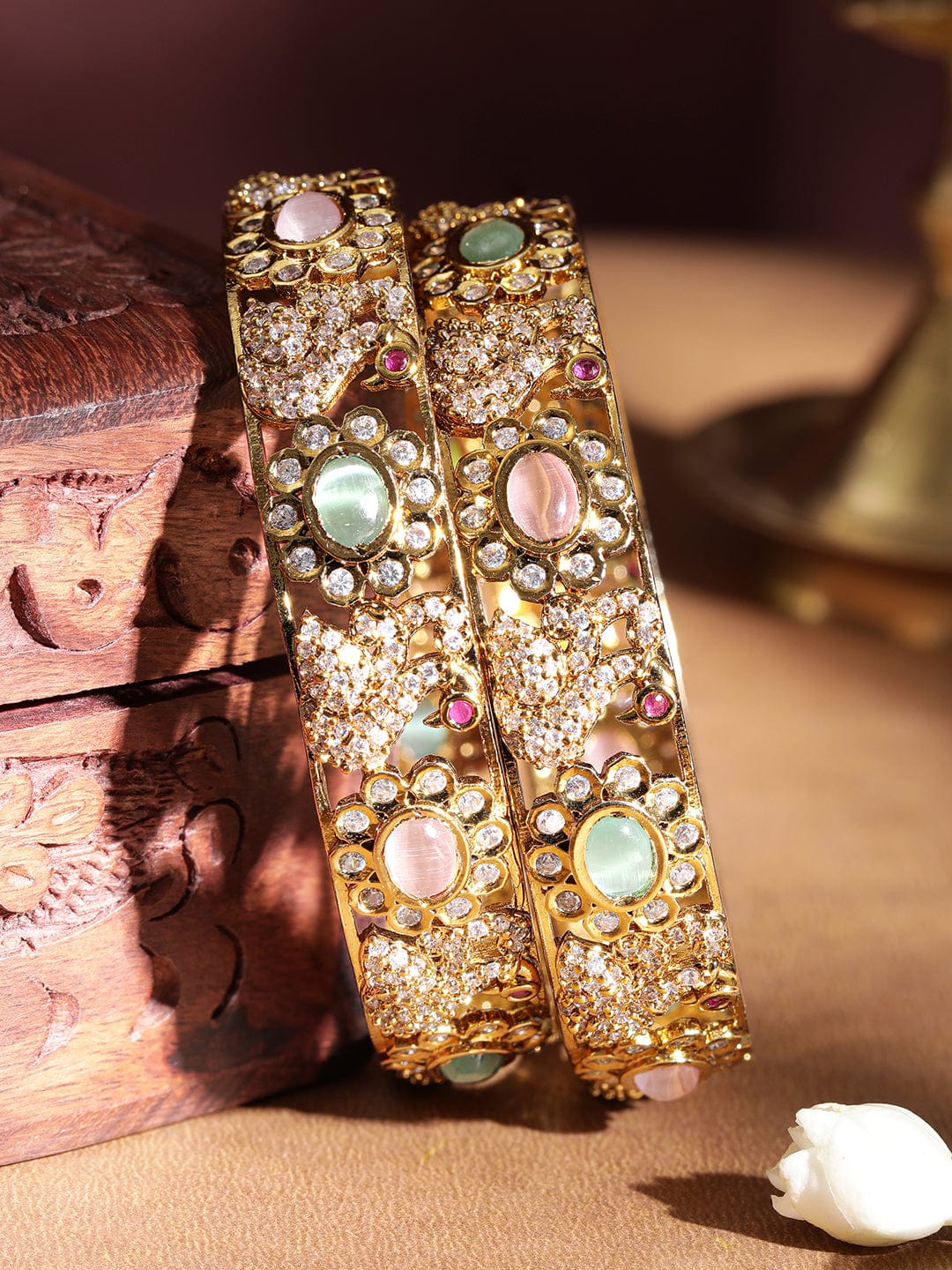 Set Of 2, 22K Gold Plated Pastel Beaded Zirconia Handcrafted Statement Bangles Bangles & Bracelets