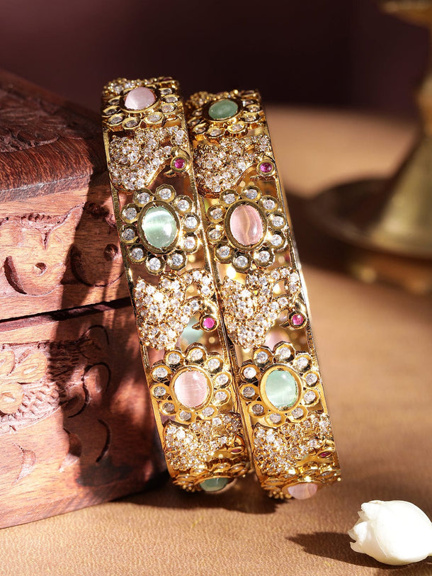 Set Of 2, 22K Gold Plated Pastel Beaded Zirconia Handcrafted Statement Bangles Bangles & Bracelets