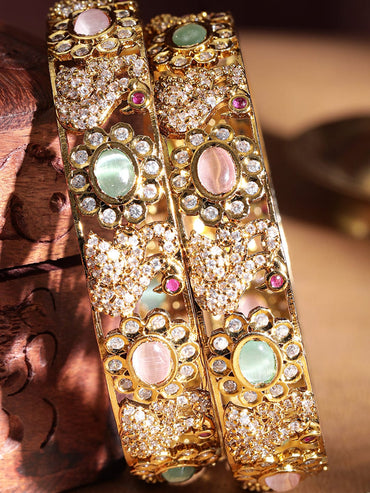 Set Of 2, 22K Gold Plated Pastel Beaded Zirconia Handcrafted Statement Bangles Bangles & Bracelets