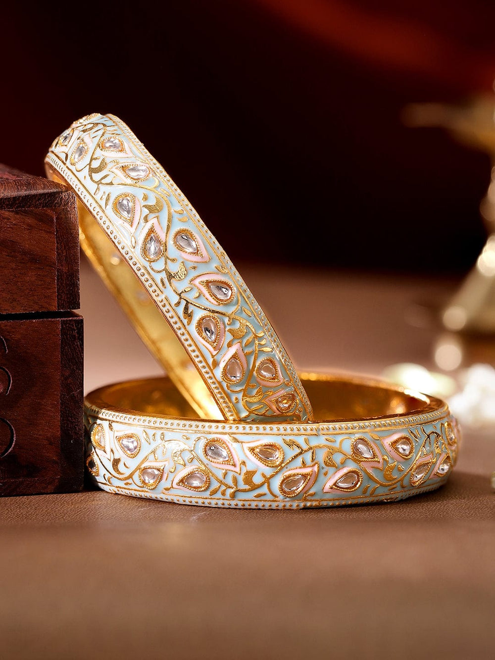 "Set of 2, 22K Gold plated Pastel enamel & Kundan studded Statement bangles  " Bangles & Bracelets