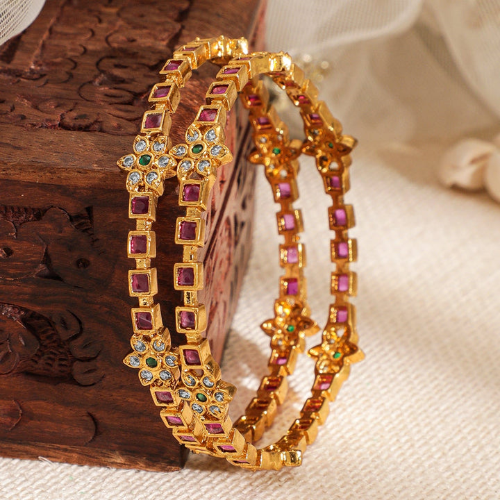 Set of 2, 22K Gold-Plated Ruby Pink & Emerald Kundan with Zicronia Studded Bangles Bangles & Bracelets