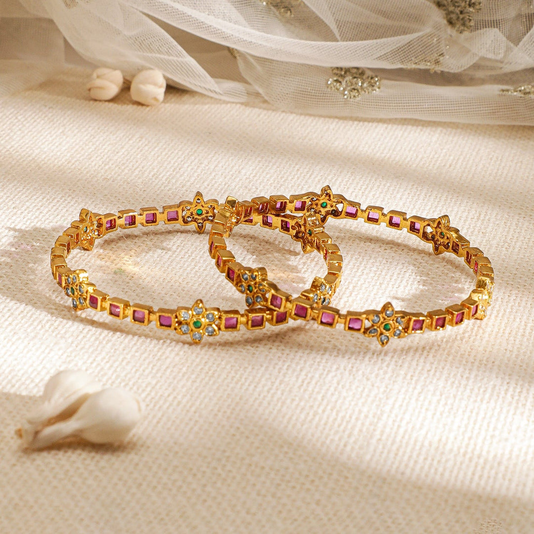 Set of 2, 22K Gold-Plated Ruby Pink & Emerald Kundan with Zicronia Studded Bangles Bangles & Bracelets