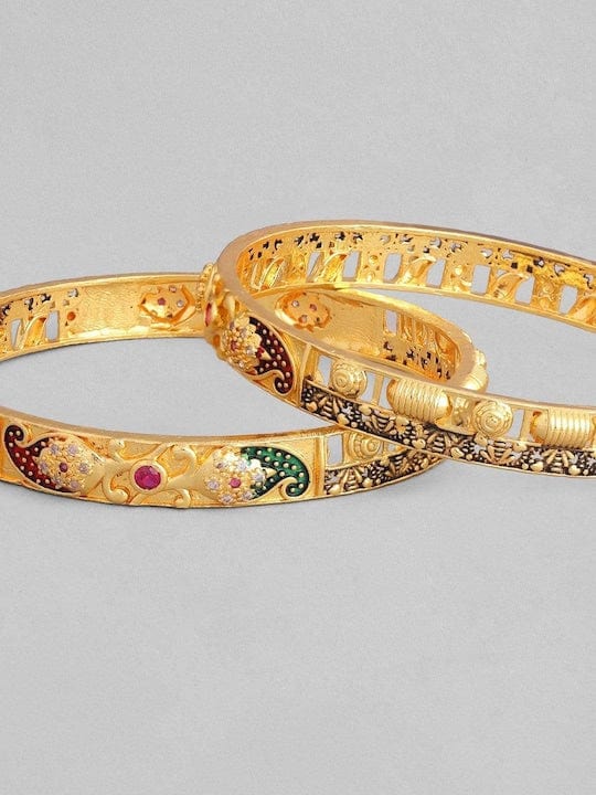 Set Of 2 24K Gold-Plated Pink & White Stone-Studded Enamelled Handcrafted Bangles Bangles & Bracelets