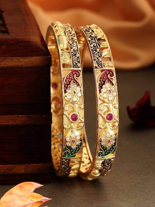 Set Of 2 24K Gold-Plated Pink & White Stone-Studded Enamelled Handcrafted Bangles Bangles & Bracelets