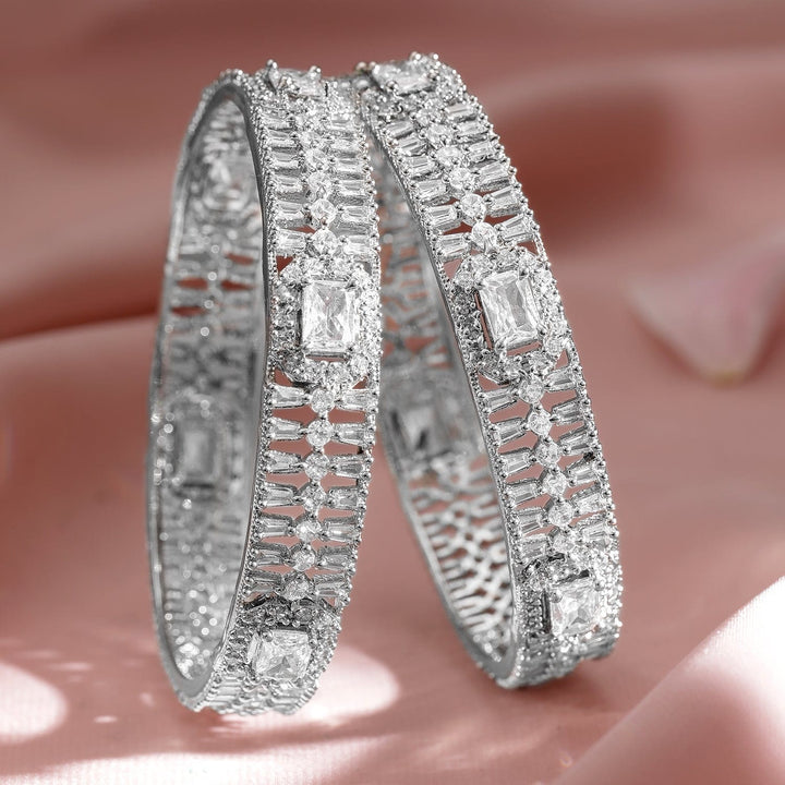 Set of 2 Rhodium-Plated Cubic Zirconia Studded Designer Bangles Bangles