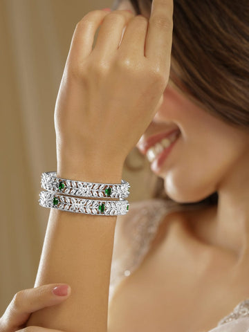 Set of 2 Rhodium-Plated Emerald Green Gemstone & Cubic Zirconia Studded Bangles Bangles & Bracelets