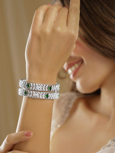 Set of 2 Rhodium-Plated Emerald Green Gemstone & Cubic Zirconia Studded Bangles Bangles & Bracelets
