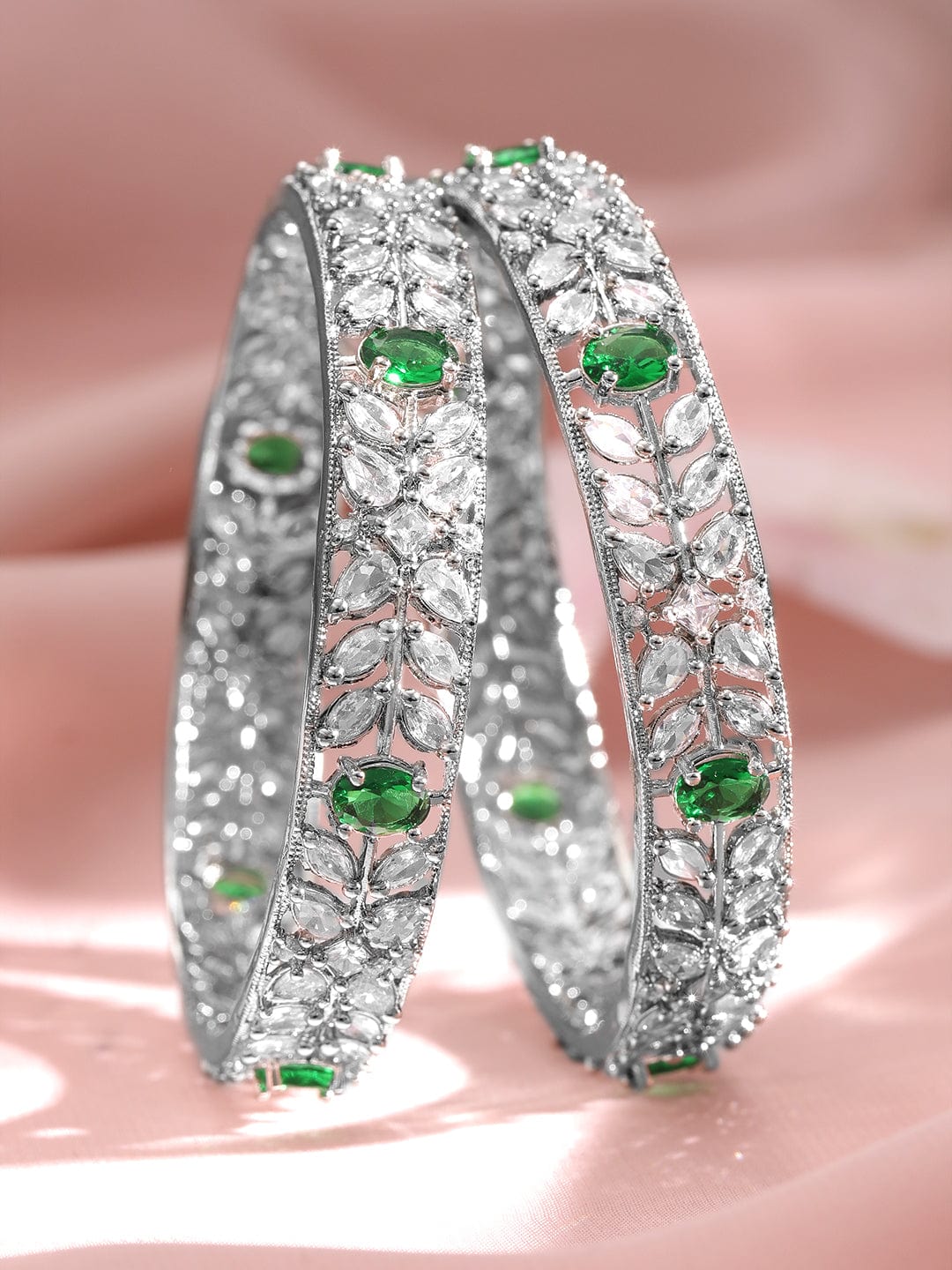 Set of 2 Rhodium-Plated Emerald Green Gemstone & Cubic Zirconia Studded Bangles Bangles & Bracelets