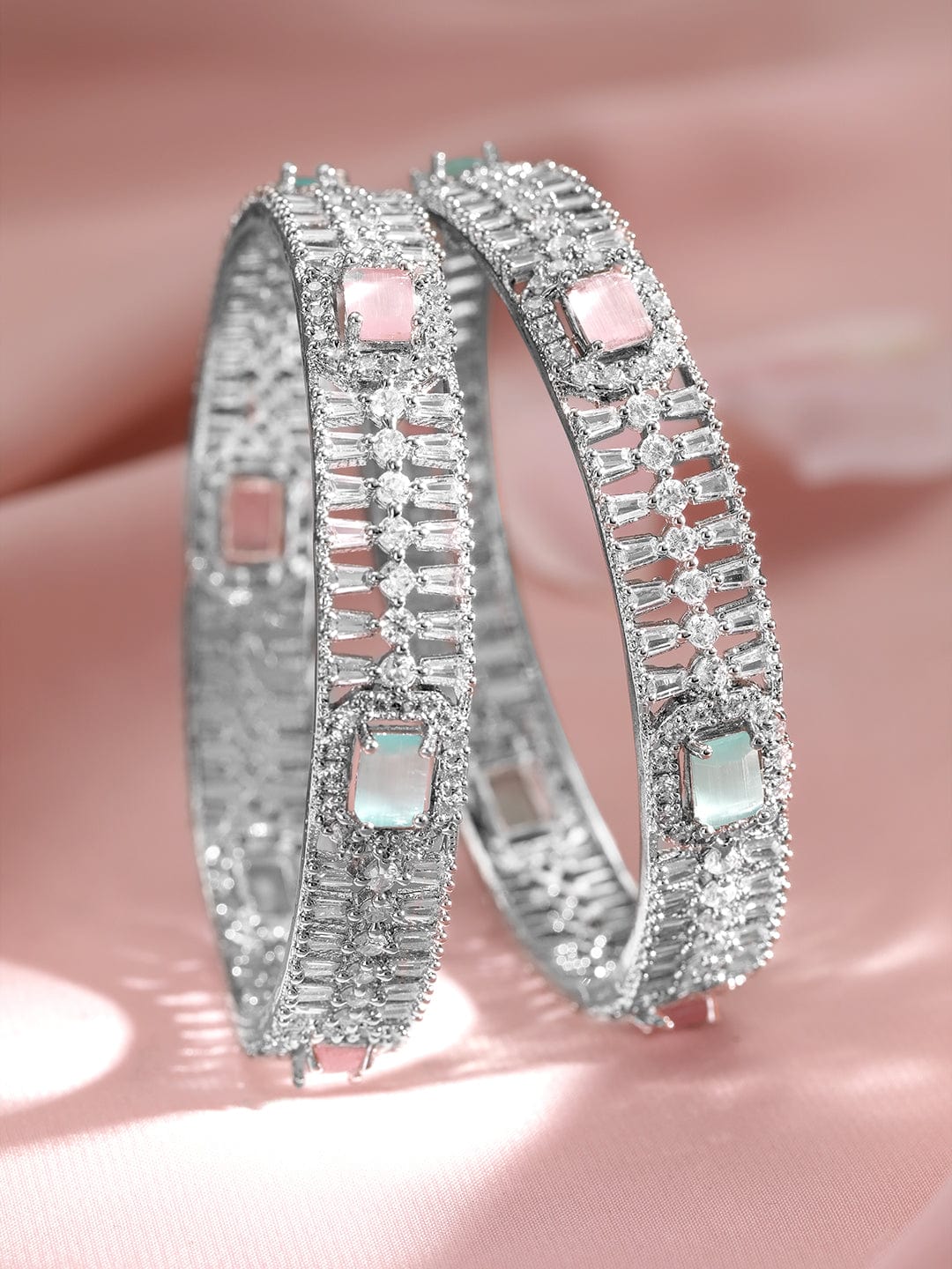 Set of 2 Rhodium-Plated Light Pink & Mint Green Gemstone CubicZirconia Studed Bangle Bangles