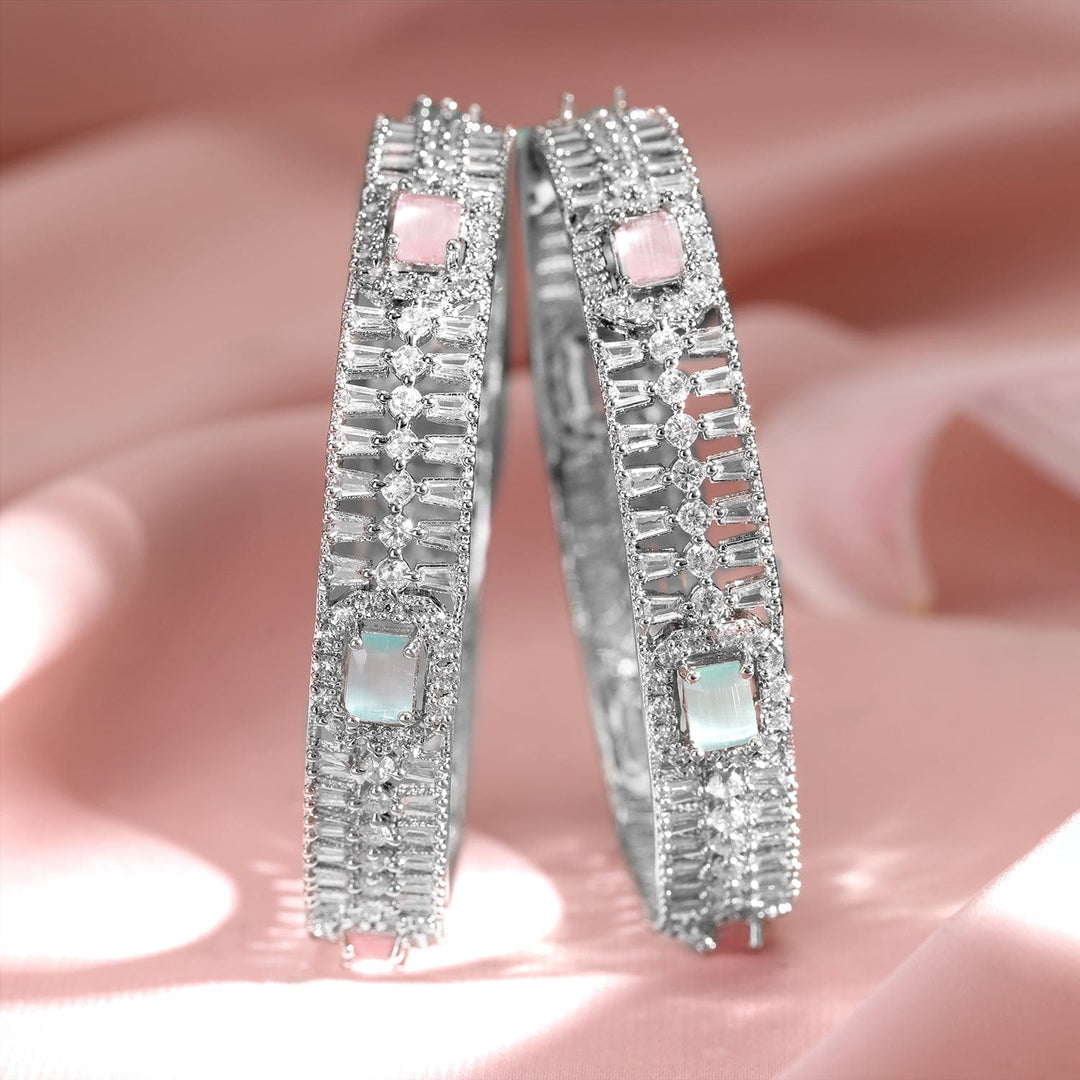 Set of 2 Rhodium-Plated Light Pink & Mint Green Gemstone CubicZirconia Studed Bangle Bangles