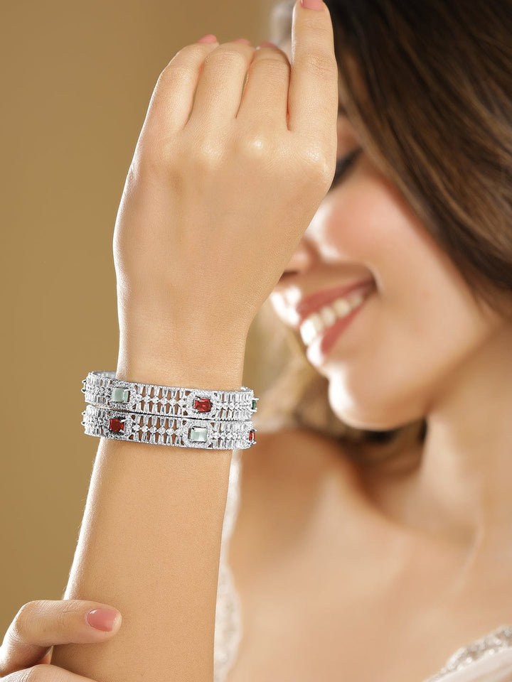 Set of 2 Rhodium-Plated Multicolor Gemstone & Cubic Zirconia Studded Bangles Bangles & Bracelets