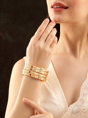 Set of 4, 22K Gold plated Pink Enamel Kemp stone studded Traditional bangles Bangles & Bracelets