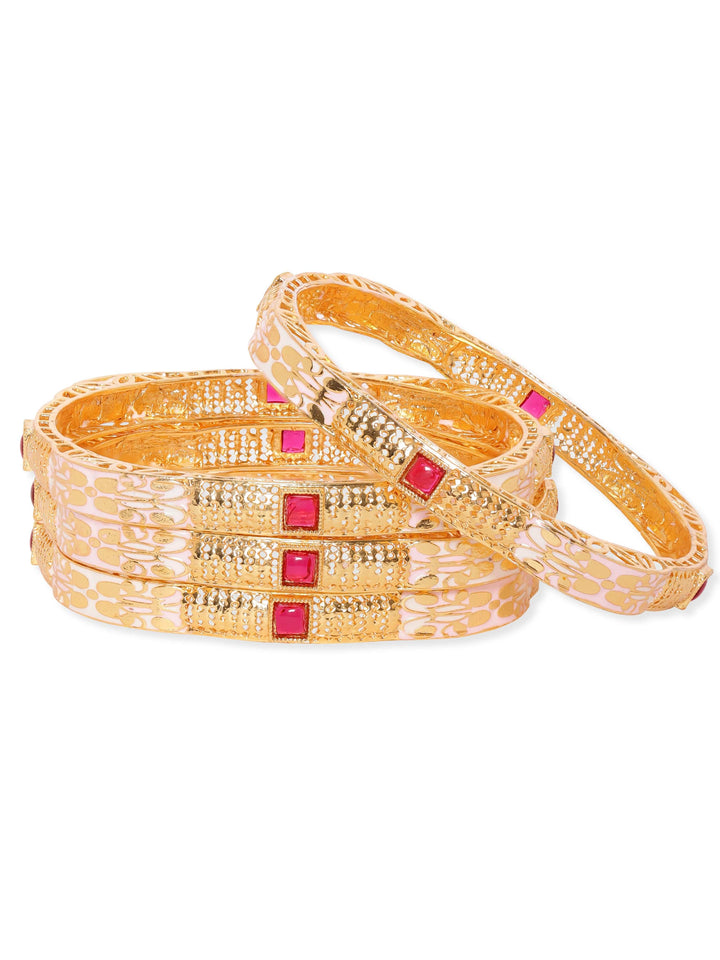 Set of 4, 22K Gold plated Pink Enamel Kemp stone studded Traditional bangles Bangles & Bracelets