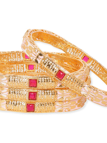 Set of 4, 22K Gold plated Pink Enamel Kemp stone studded Traditional bangles Bangles & Bracelets