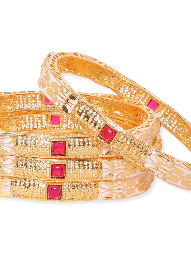 Set of 4, 22K Gold plated Pink Enamel Kemp stone studded Traditional bangles Bangles & Bracelets