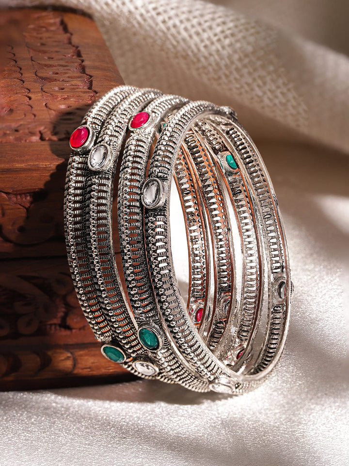 Set of 4, Oxidized silver plated Crystal studded sleek bangles Bangle