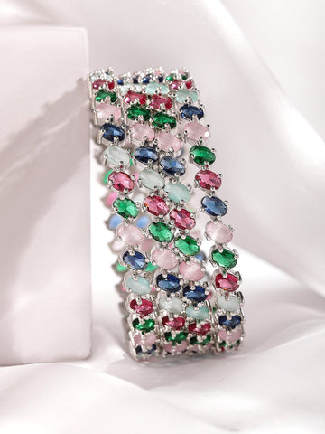 Set of 4 Rhodium-Plated Multicolor Gemstone Studded Traditional Bangles Bangles