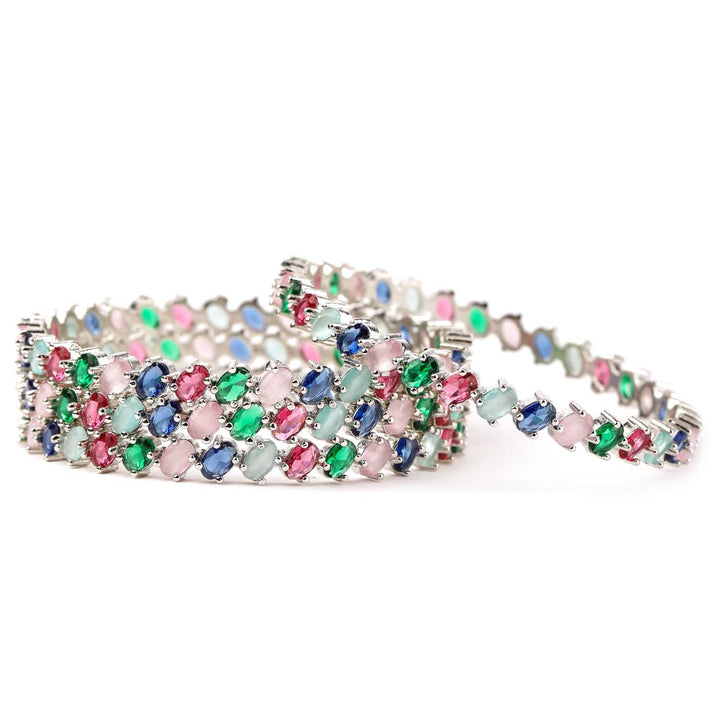 Set of 4 Rhodium-Plated Multicolor Gemstone Studded Traditional Bangles Bangles