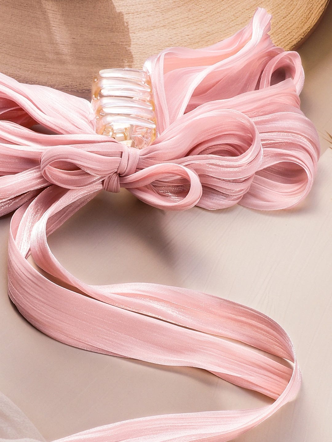 Shimmering Blush Pink Hair Claw with Flowing Bow Ribbon Design -Stylish Hair Accessory Hair Accessory