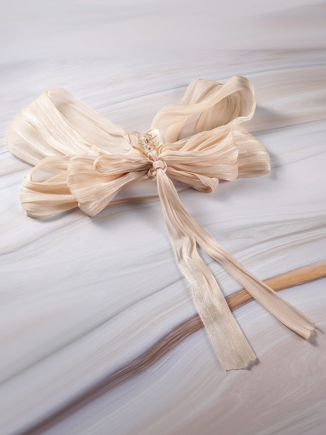 Shimmering Champagne Gold Hair Claw with Flowing Bow Ribbon Design Hair Accessory