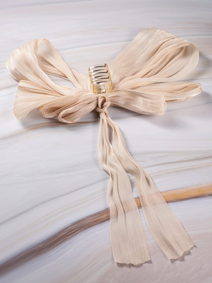 Shimmering Champagne Gold Hair Claw with Flowing Bow Ribbon Design Hair Accessory