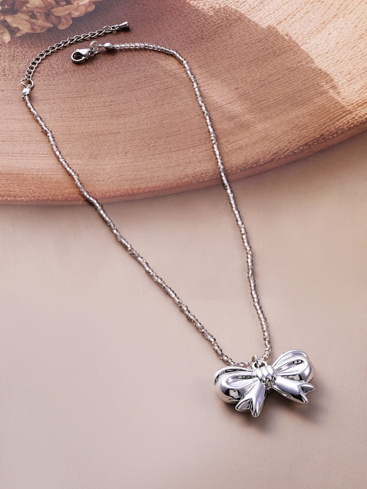 Silver Bow Necklace with Beaded Chain Necklace