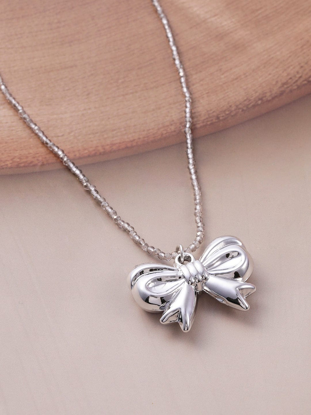 Silver Bow Necklace with Beaded Chain Necklace