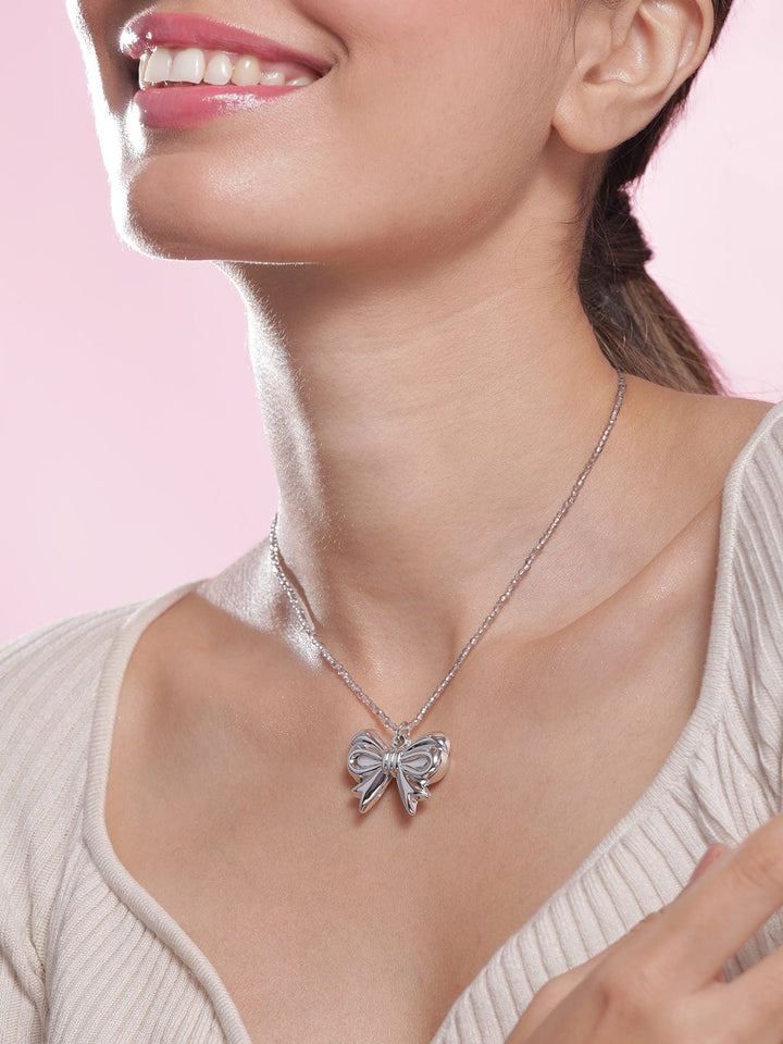 Silver Bow Necklace with Beaded Chain Necklace